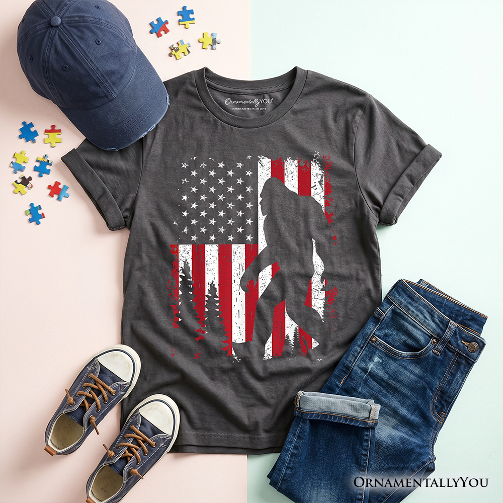 Kids Bigfoot American Flag T-Shirt, Youth Patriotic Sasquatch Tee