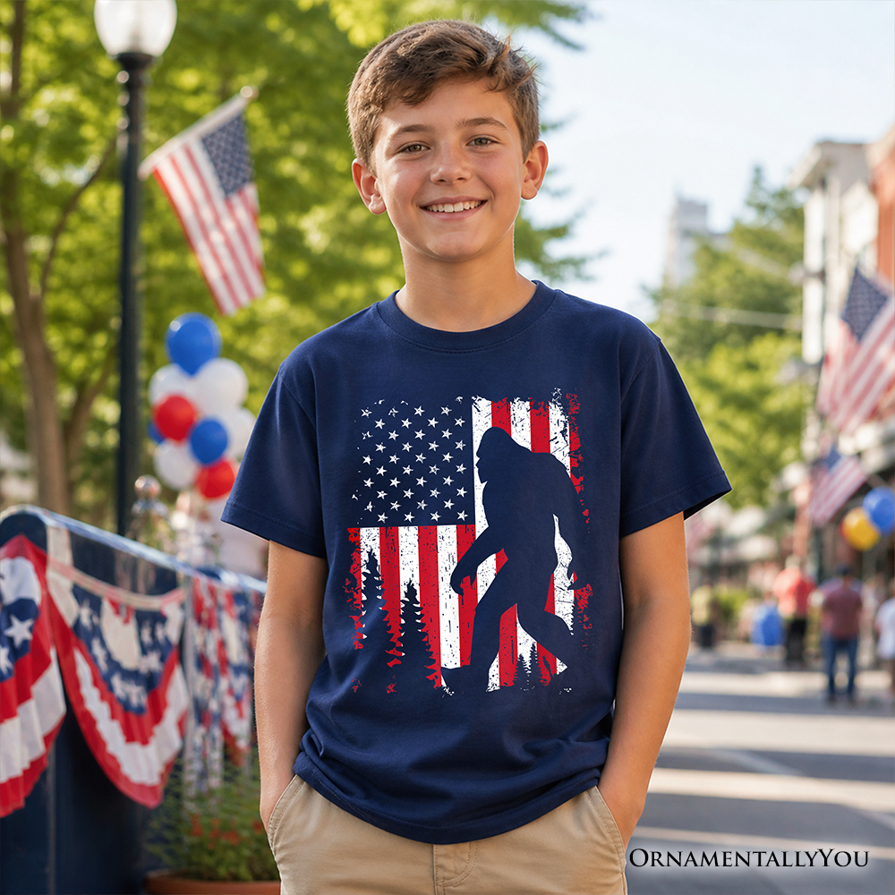 Kids Bigfoot American Flag T-Shirt, Youth Patriotic Sasquatch Tee