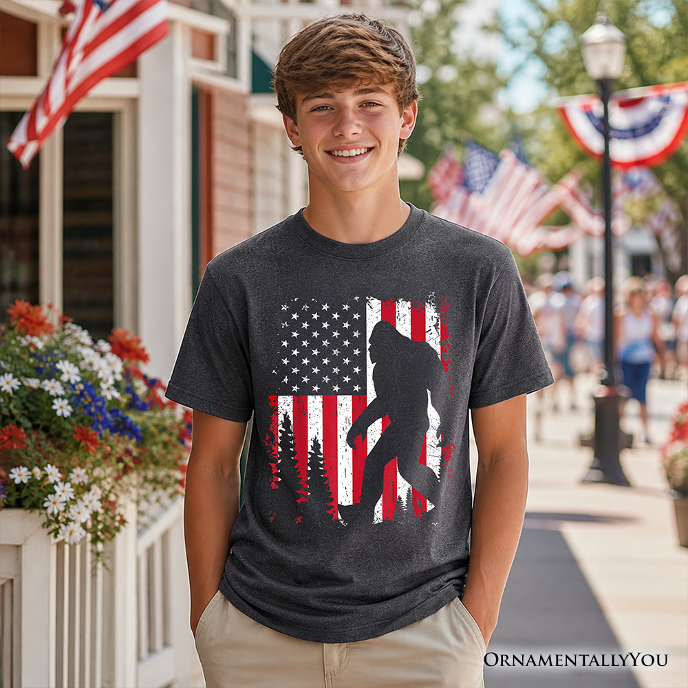 Kids Bigfoot American Flag T-Shirt, Youth Patriotic Sasquatch Tee