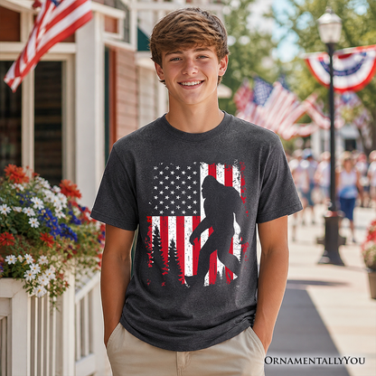 Kids Bigfoot American Flag T-Shirt, Youth Patriotic Sasquatch Tee