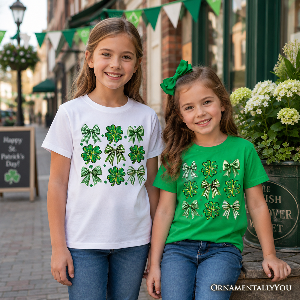 Kids Coquette Clover Bows St Patrick's Day T-Shirt, Green Irish Lucky Shamrock Tee for Youth