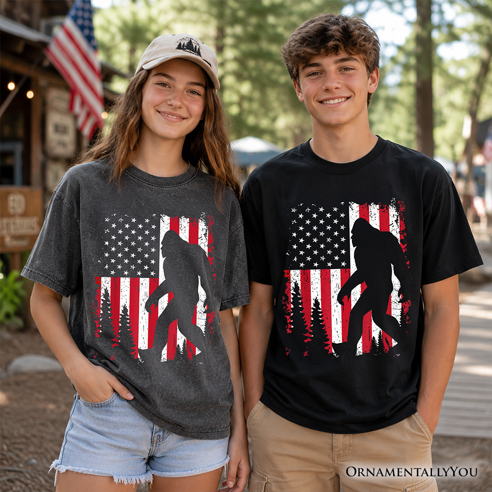 Kids Bigfoot American Flag T-Shirt, Youth Patriotic Sasquatch Tee
