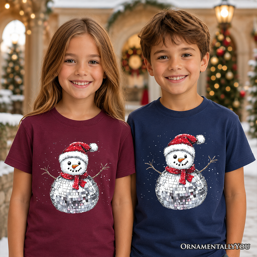 Kids Disco Snowman Christmas T-Shirt, Retro Holiday Youth Tee for Dancers