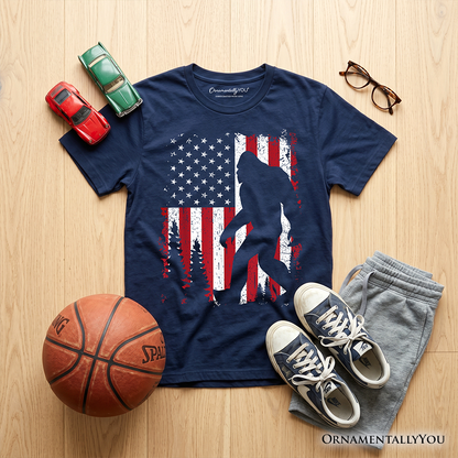 Kids Bigfoot American Flag T-Shirt, Youth Patriotic Sasquatch Tee